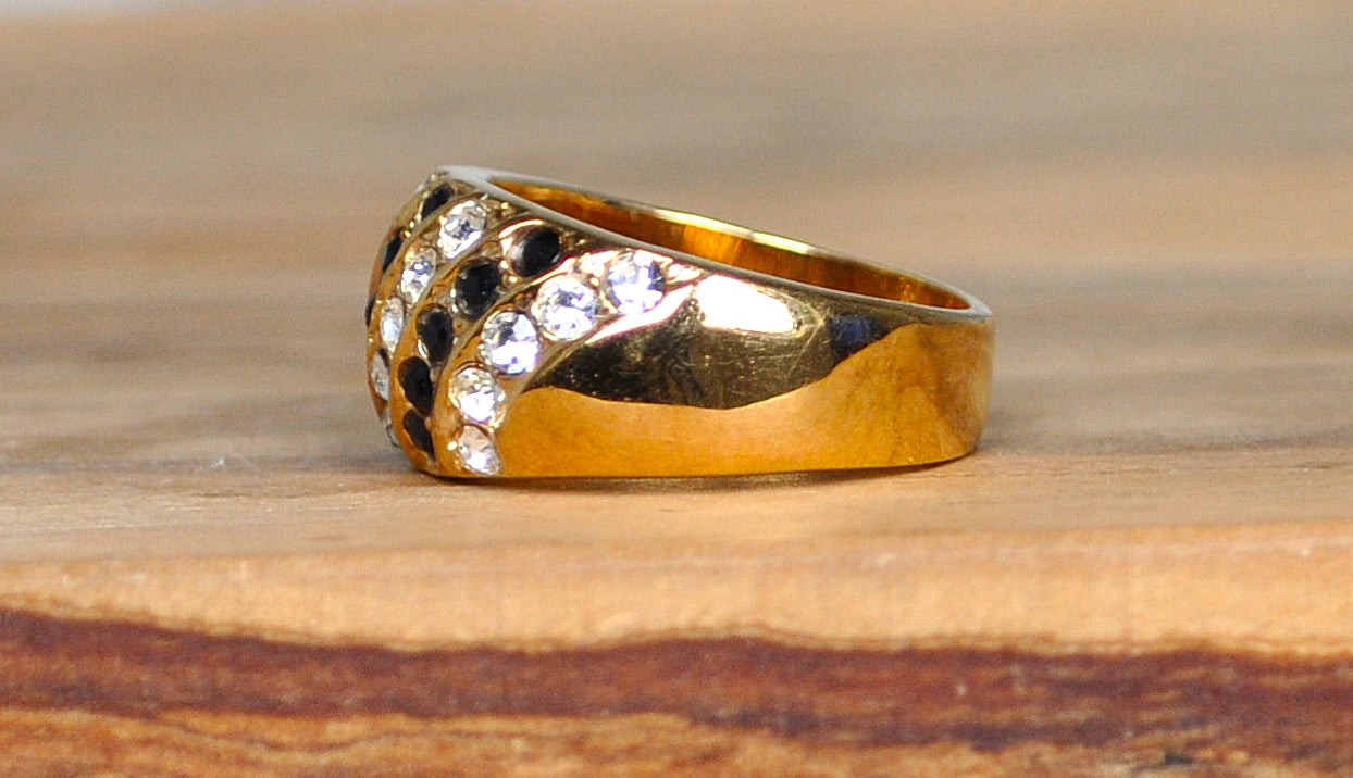 Shining 18K Gold Electroplated Black & Clear Crystals Ring - Size 6 - Electroplated Gold Rings - Black & Clear Crystal Ring