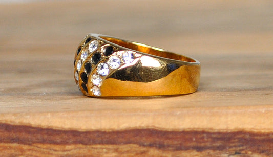 Shining 18K Gold Electroplated Black & Clear Crystals Ring - Size 6 - Electroplated Gold Rings - Black & Clear Crystal Ring