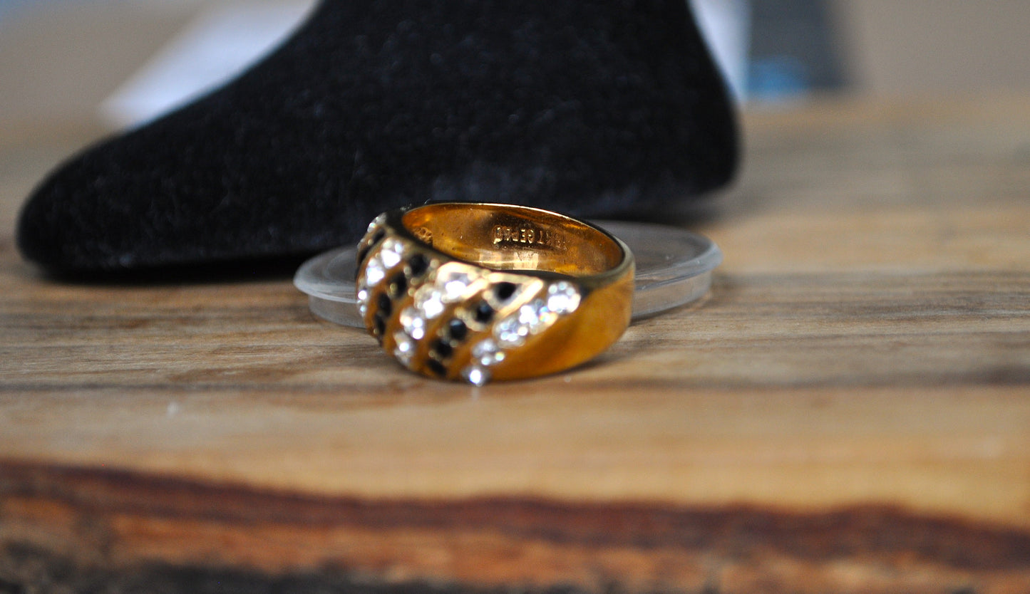 Shining 18K Gold Electroplated Black & Clear Crystals Ring - Size 6 - Electroplated Gold Rings - Black & Clear Crystal Ring