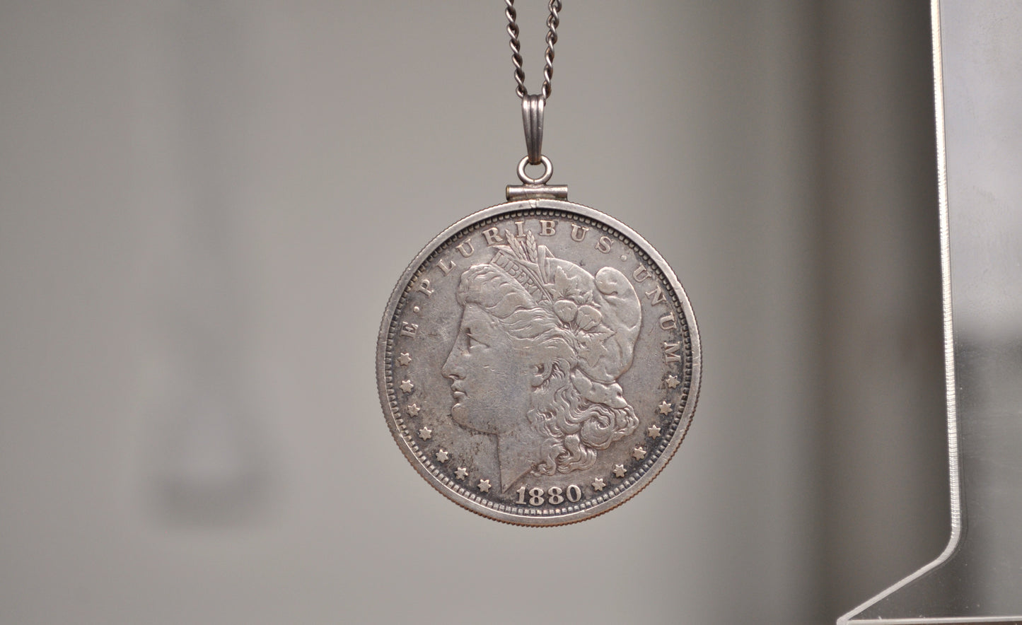 1880 Morgan Silver Dollar Bezel Necklace - One Silver Dollar Coin Bezel Necklace - Coin, Bezel, & Chain all Silver