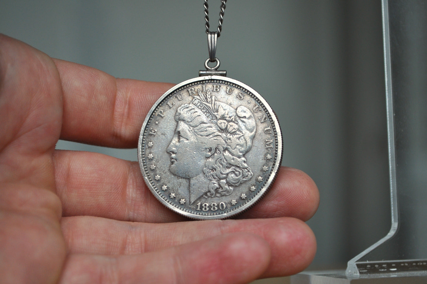 1880 Morgan Silver Dollar Bezel Necklace - One Silver Dollar Coin Bezel Necklace - Coin, Bezel, & Chain all Silver
