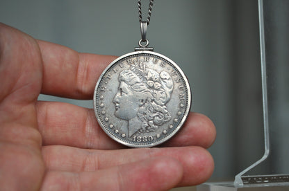 1880 Morgan Silver Dollar Bezel Necklace - One Silver Dollar Coin Bezel Necklace - Coin, Bezel, & Chain all Silver