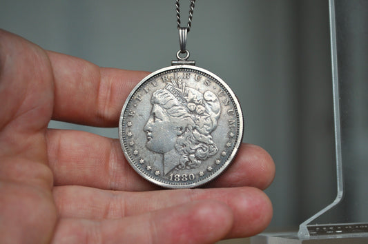 1880 Morgan Silver Dollar Bezel Necklace - One Silver Dollar Coin Bezel Necklace - Coin, Bezel, & Chain all Silver