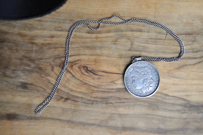 1880 Morgan Silver Dollar Bezel Necklace - One Silver Dollar Coin Bezel Necklace - Coin, Bezel, & Chain all Silver