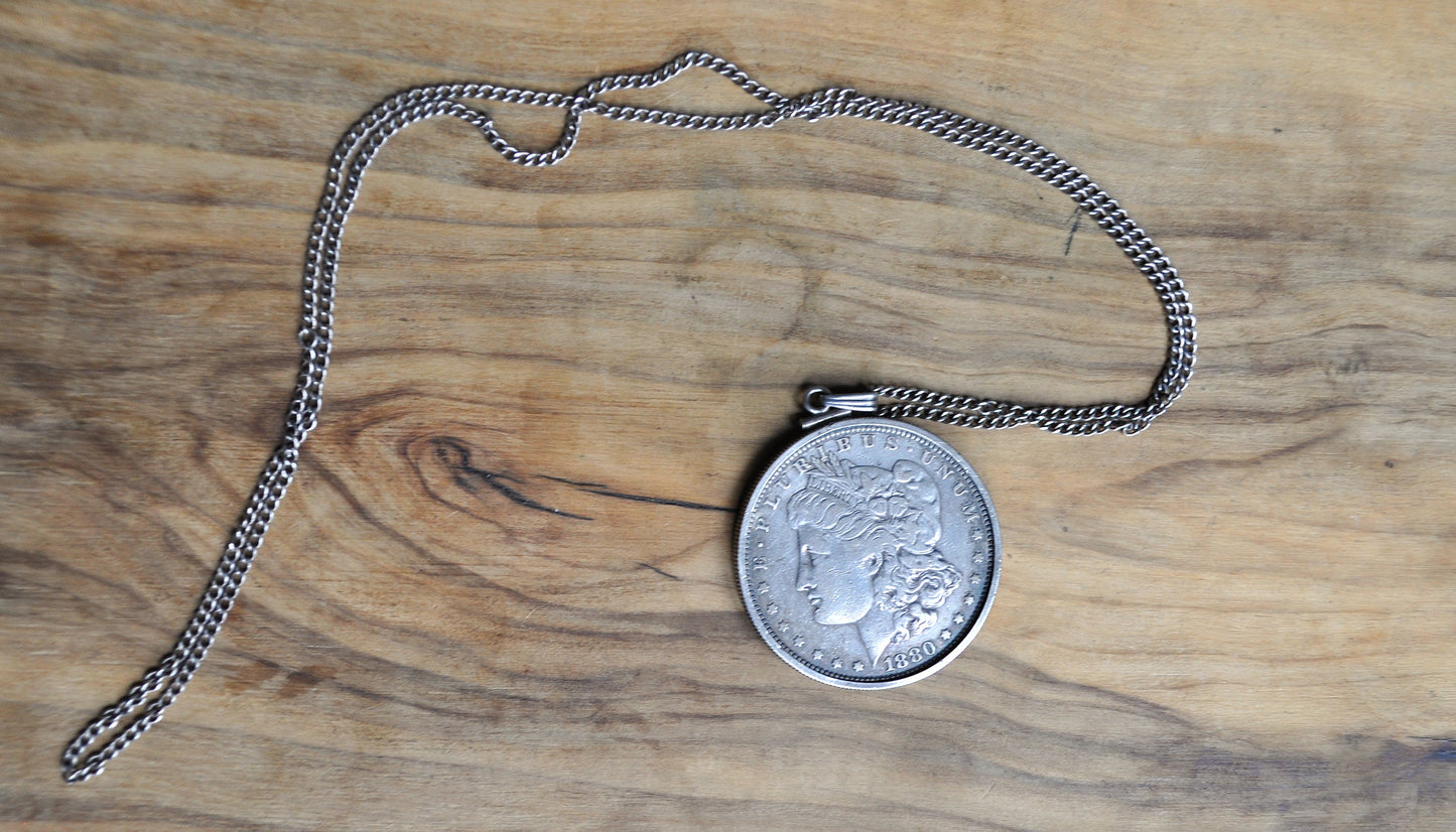 1880 Morgan Silver Dollar Bezel Necklace - One Silver Dollar Coin Bezel Necklace - Coin, Bezel, & Chain all Silver