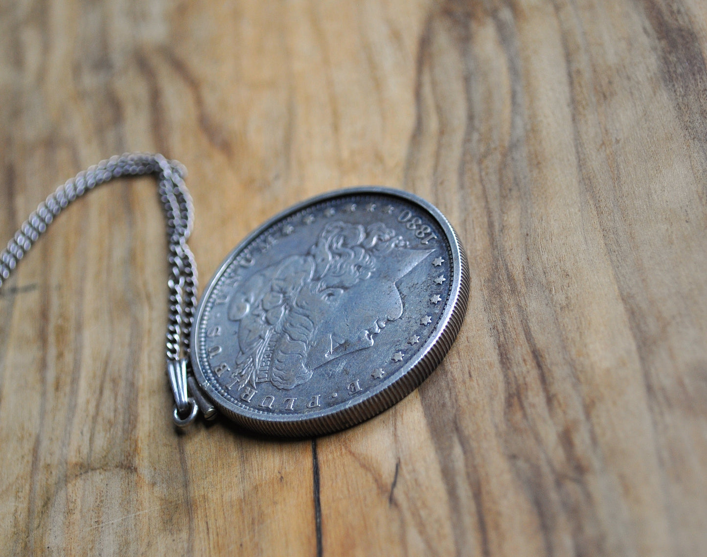 1880 Morgan Silver Dollar Bezel Necklace - One Silver Dollar Coin Bezel Necklace - Coin, Bezel, & Chain all Silver