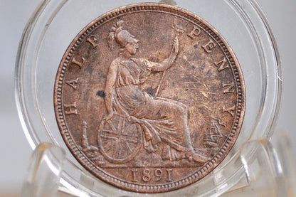 1891 Great Britain Half Penny - XF/AU Details - UK Half Penny 1891 - Queen Victoria 1/2 Penny - Bronze - ha'penny 1891