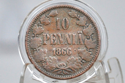 Rare 1866 Finland 10 Pennia Coin - Great Condition - Low Mintage Coin, Few Surviving - Rare Finnish Coin