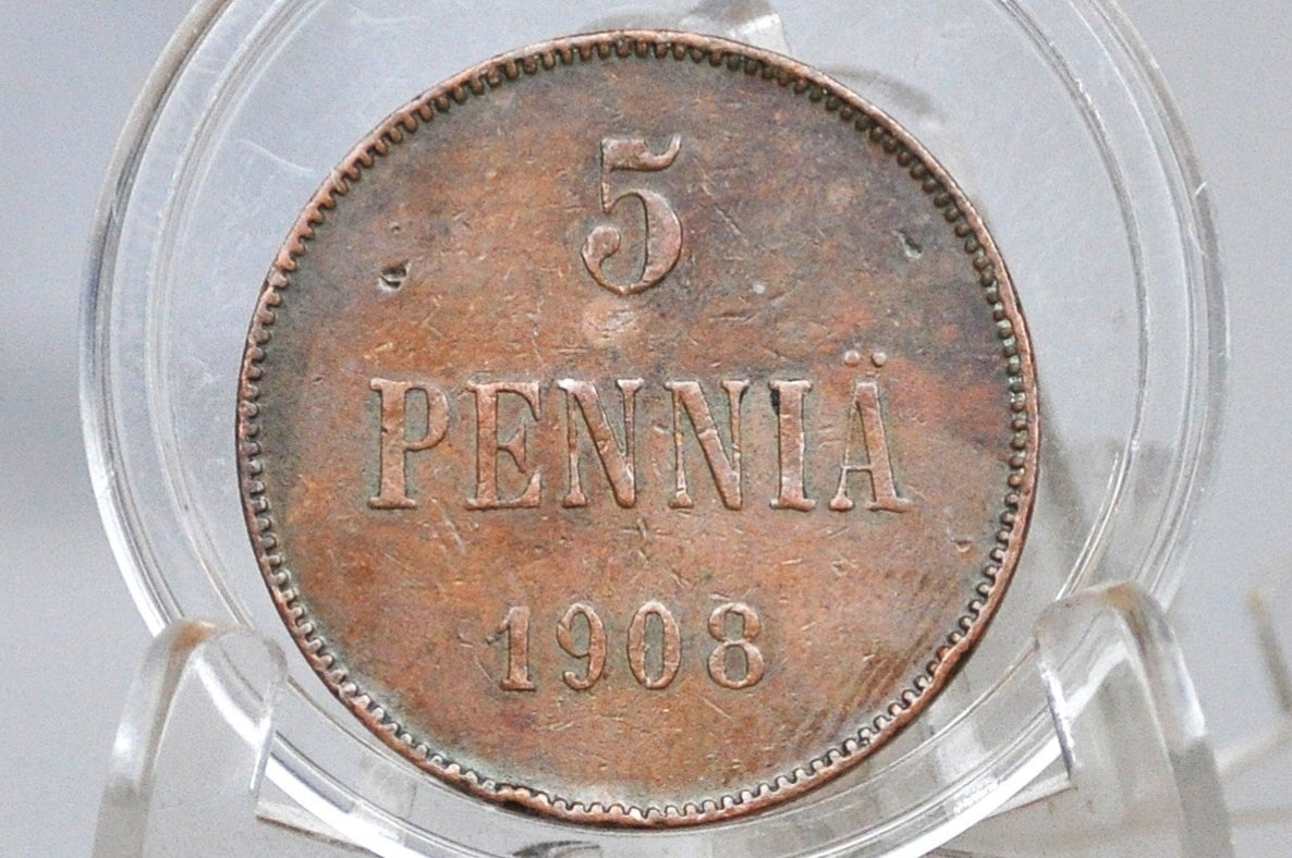 1908 Finland 5 Pennia - XF Condition - Nicholas II - Finnish Coin - Awesome and Rare Coin -