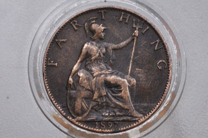 1897 Farthing Great Britain - XF, Beautiful Coin - UK Farthing 1897 - Queen Victoria Old Head - Bronze