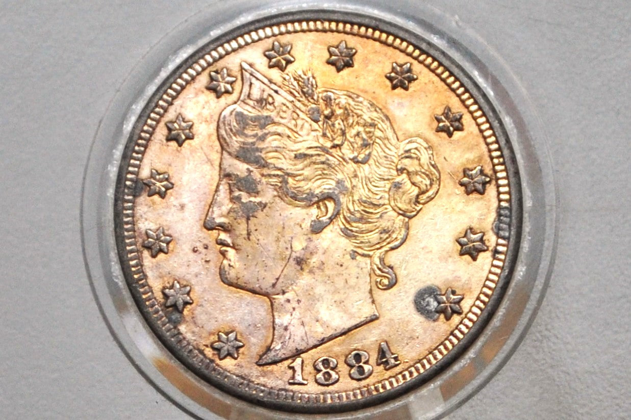 1884 Liberty Head Nickel - Uncirculated Details, Cleaned / Gold Plated - Semi-Key Date - 1884 V Nickel 1884