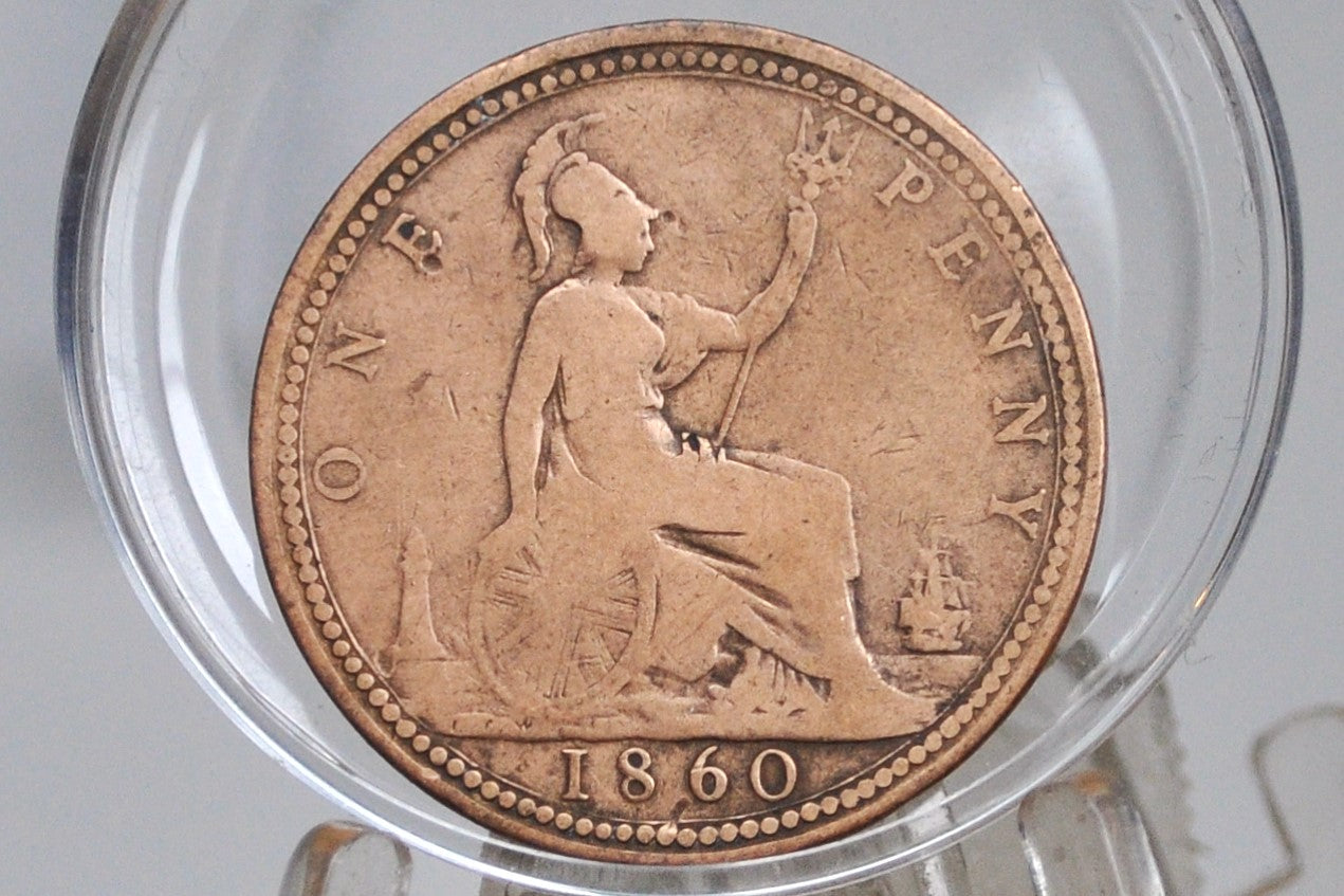 1860 Great Britain One Penny - VG/VG+ Details - UK Large Penny 1860 - Queen Victoria 1 Penny - Bronze - UK penny 1860