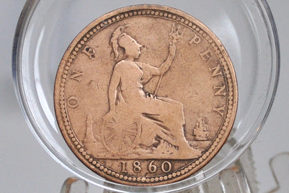 1860 Great Britain One Penny - VG/VG+ Details - UK Large Penny 1860 - Queen Victoria 1 Penny - Bronze - UK penny 1860