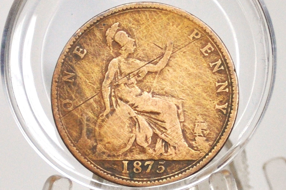 1875 Great Britain One Penny - Fine Details - UK Penny 1875 Queen Victoria Penny - Bronze