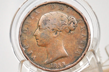 1853 Great Britain Halfpenny - F/VF Details - UK 1/2 Penny 1853 - Bronze, Queen Victoria
