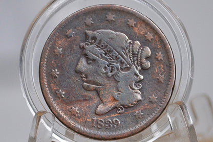 1839 Booby Head Large Cent - VG+ Condition - First Year of Production - 1839 US 1 Cent United States 1839 Large Cent - Braided Hair 1839 to 1857