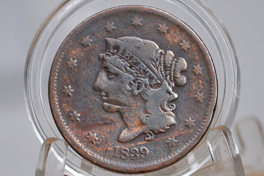 1839 Booby Head Large Cent - VG+ Condition - First Year of Production - 1839 US 1 Cent United States 1839 Large Cent - Braided Hair 1839 to 1857