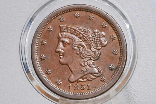 1851 Braided Hair Half Cent - AU58 (Choice AU) - 1851 US Half Cent - 1851 Half Penny - US Half Cents