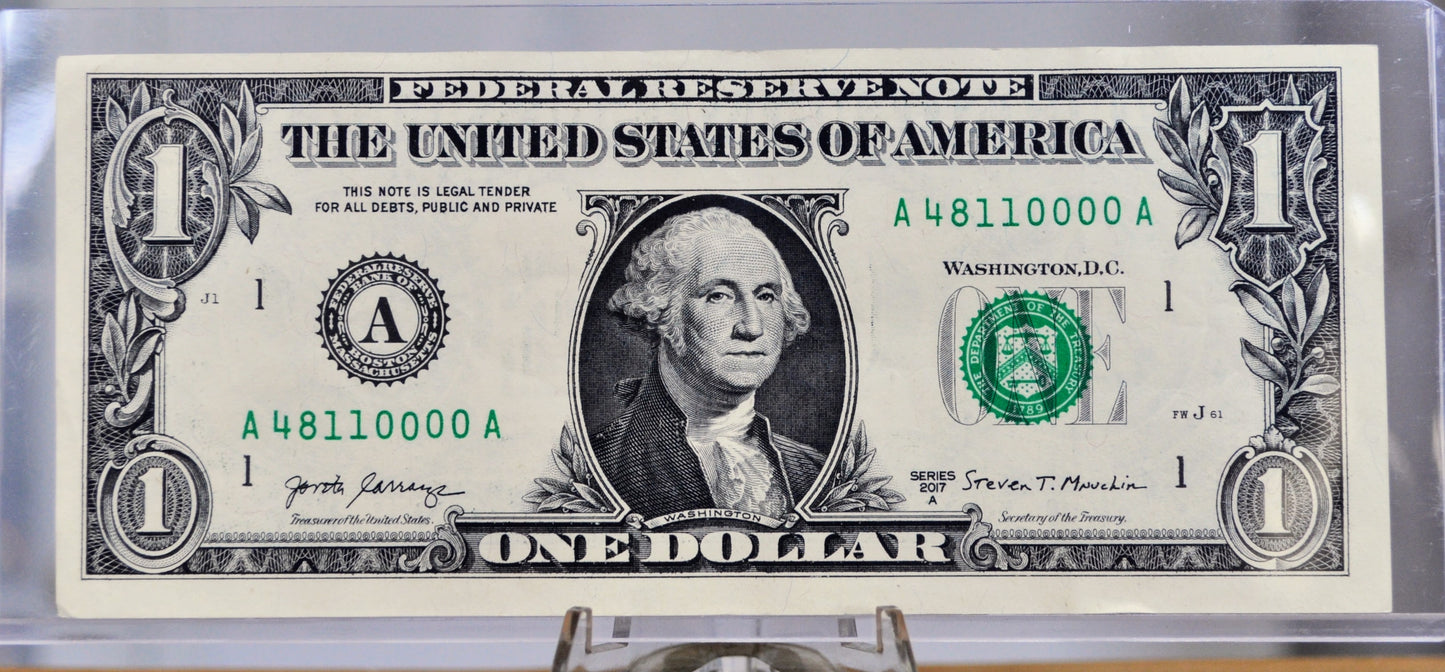 2017A 1 Dollar Federal Reserve Note - Boston Issue - Fancy Serial Number 48110000 - 2017 A One Dollar Rare Serial Number Note - Fr.3005-A