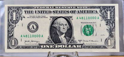 2017A 1 Dollar Federal Reserve Note - Boston Issue - Fancy Serial Number 48110000 - 2017 A One Dollar Rare Serial Number Note - Fr.3005-A