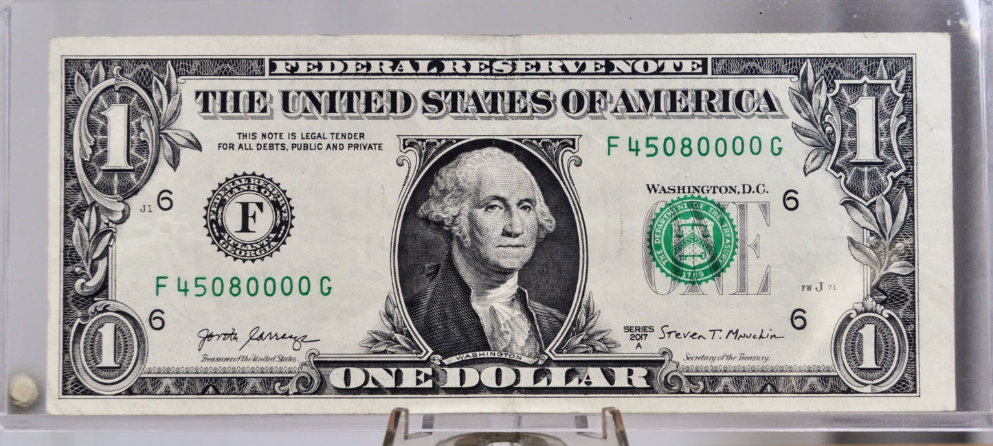 2017A 1 Dollar Federal Reserve Note - Atlanta Issue - Fancy Serial Number 45080000 - 2017 A One Dollar Rare Serial Number Note - Fr.3005-F