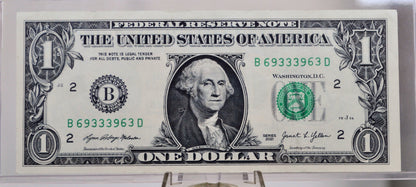 2021 1 Dollar Federal Reserve Note - New York Issue - Fancy Trinary Serial Number - 2021 One Dollar Cool Serial Number Note - Fr.3007-B