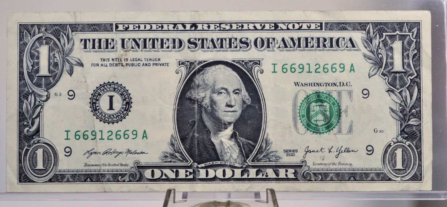 2021 1 Dollar Federal Reserve Note - Minneapolis Issue - Fancy Radar Serial Number - 2021 One Dollar Cool Serial Number Note - Fr.3008-I