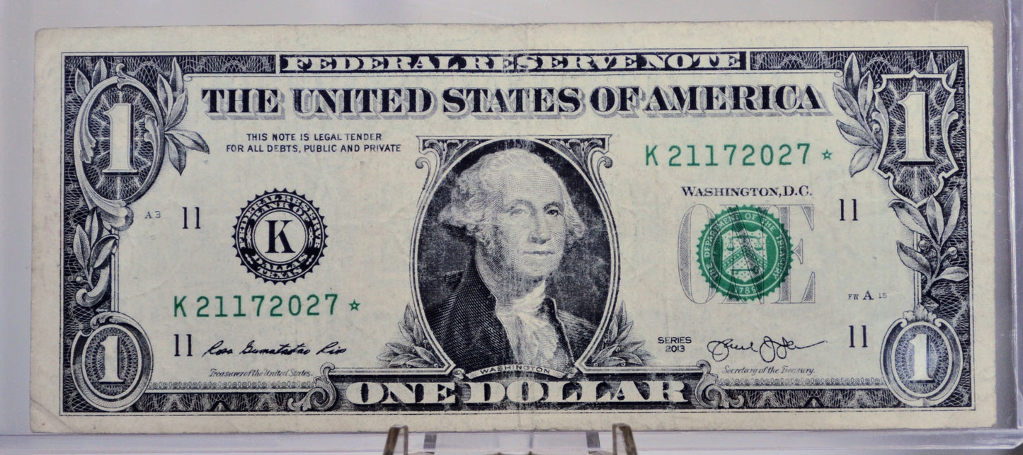 2013 1 Dollar Federal Reserve Star Note - Fort Worth (FW) Print - Rarer Dallas (K) Issue - 2013 One Dollar Star Note - Fr.3001-K*