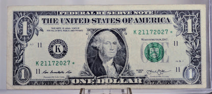 2013 1 Dollar Federal Reserve Star Note - Fort Worth (FW) Print - Rarer Dallas (K) Issue - 2013 One Dollar Star Note - Fr.3001-K*