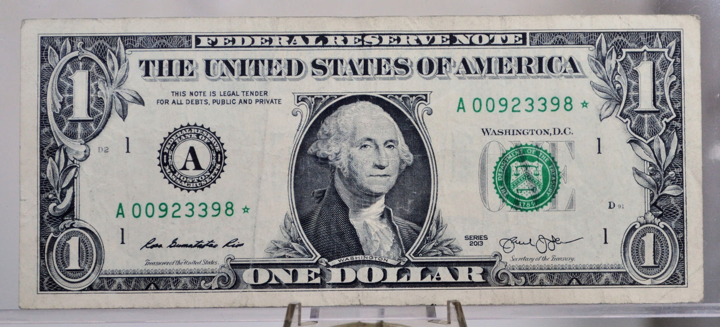 2013 1 Dollar Federal Reserve Star Note - Lower Serial Number - Boston (A) Issue - 2013 One Dollar Star Note - Fr.3002-A*