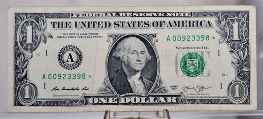 2013 1 Dollar Federal Reserve Star Note - Lower Serial Number - Boston (A) Issue - 2013 One Dollar Star Note - Fr.3002-A*