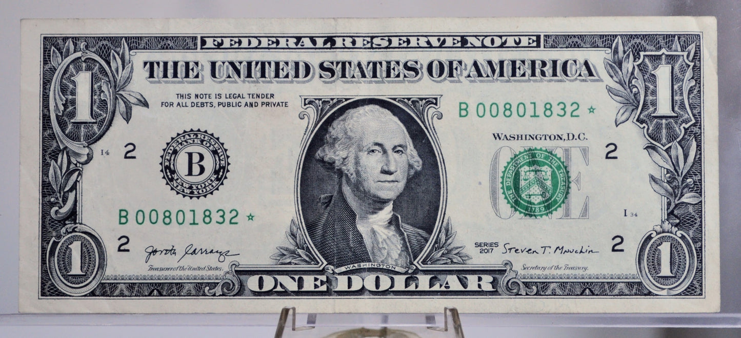2017 1 Dollar Federal Reserve Star Note - Lower Serial Number - New York (B) Issue - 2017 One Dollar Star Note - Fr.3003-B*