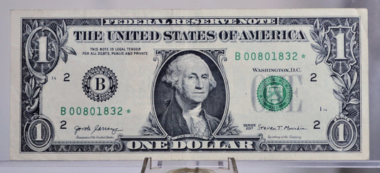 2017 1 Dollar Federal Reserve Star Note - Lower Serial Number - New York (B) Issue - 2017 One Dollar Star Note - Fr.3003-B*