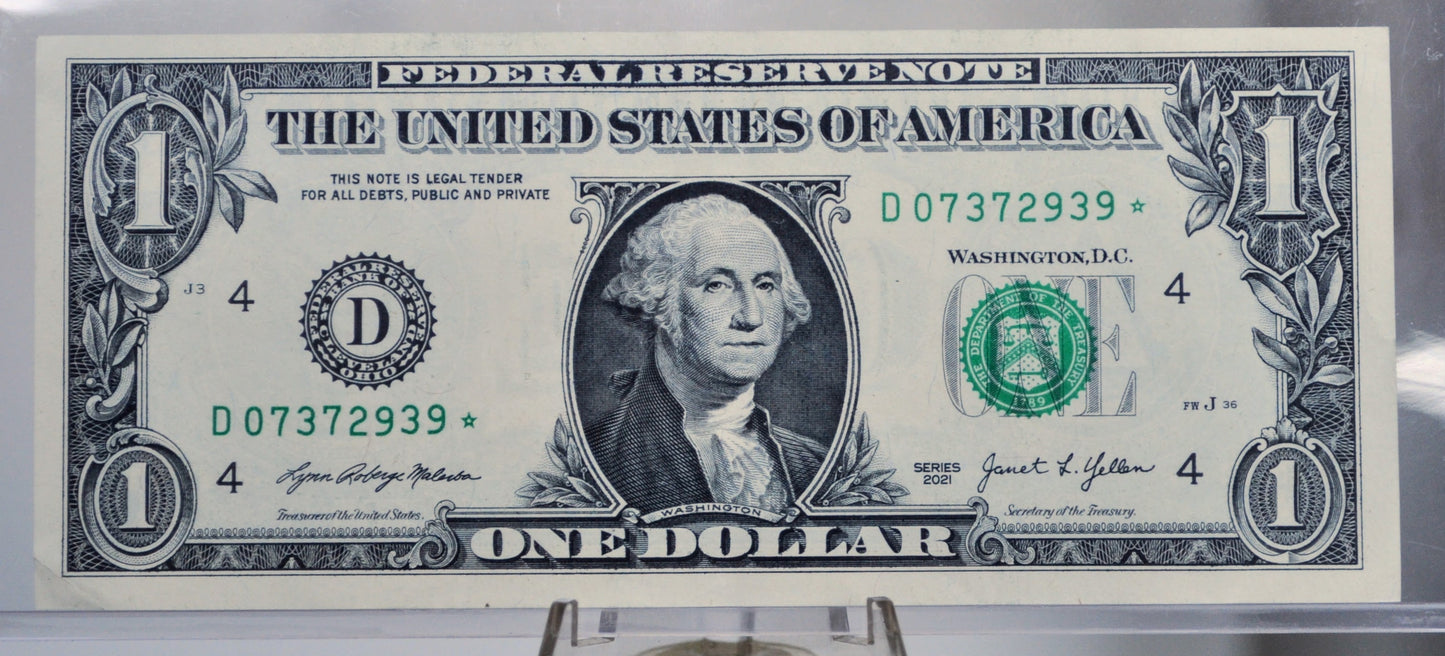 2021 1 Dollar Federal Reserve Star Note - Almost Uncirculated (AU) - Cleveland (D) Issue - 2021 One Dollar Star Note - Fr.3007-D*