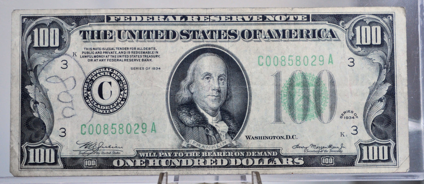 1934 100 Dollar Federal Reserve Note - Dark Green Seal - Philadelphia (C) Issue - 1934 One Hundred Dollar Philadelphia Note - Fr.2152a-C