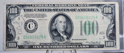 1934 100 Dollar Federal Reserve Note - Dark Green Seal - Philadelphia (C) Issue - 1934 One Hundred Dollar Philadelphia Note - Fr.2152a-C