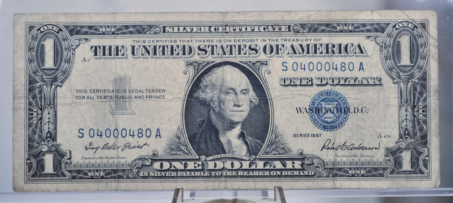 1957 Silver Certificate 1 Dollar Note - Very Fine (VF) - Fancy Trinary Serial Number - 1957 One Dollar Blue Seal Banknote - Fr#1619
