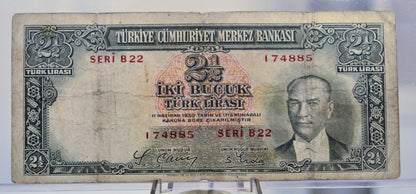 1939 Republic of Turkey 2 1/2 Lira Note - WWII Era Turkish Currency - Rare Early Issue - 1939 Türkiye Two and a Half Liras Banknote - P#126