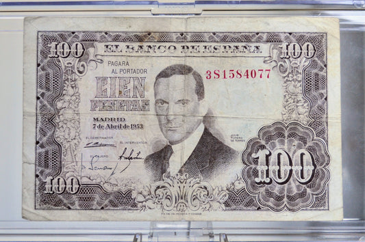 1953 Bank of Spain 100 Pesetas Banknote - Torres Painting Type - Very Fine (VF) - 1953 Spanish Cien One Hundred Peseta Note - P#145a