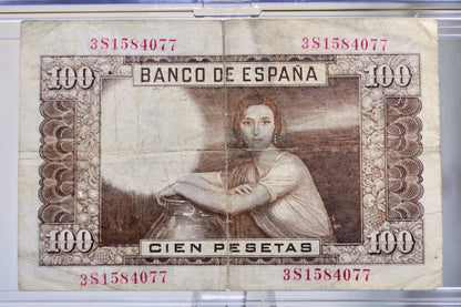 1953 Bank of Spain 100 Pesetas Banknote - Torres Painting Type - Very Fine (VF) - 1953 Spanish Cien One Hundred Peseta Note - P#145a