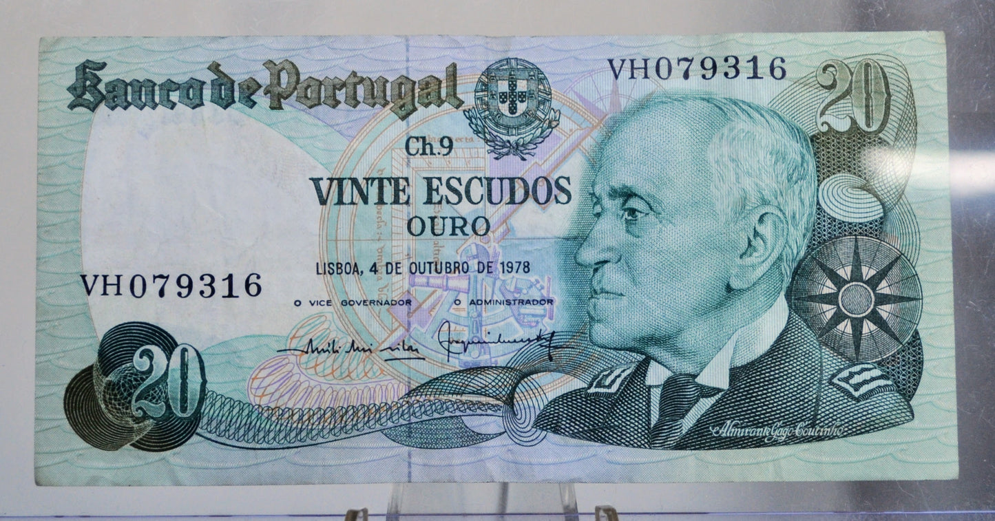 1978 Bank of Portugal 20 Escudos Note - 9th Printing Issue - Coutinho Type - 1978 Portuguese Twenty (Vinte) Escudos Banknote - P#176b