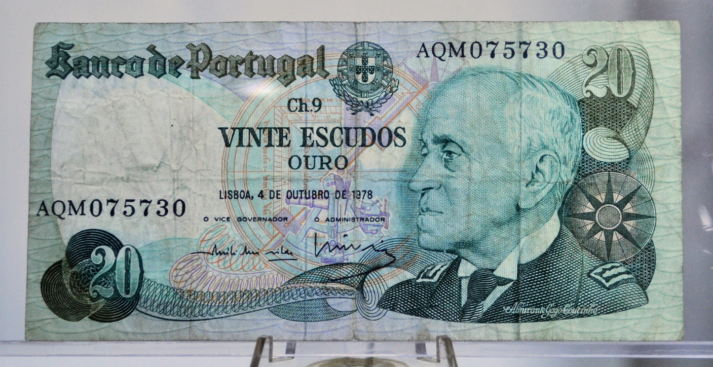 1978 Bank of Portugal 20 Escudos Note - 9th Printing Issue - Coutinho Type - 1978 Portuguese Twenty (Vinte) Escudos Banknote - P#176b