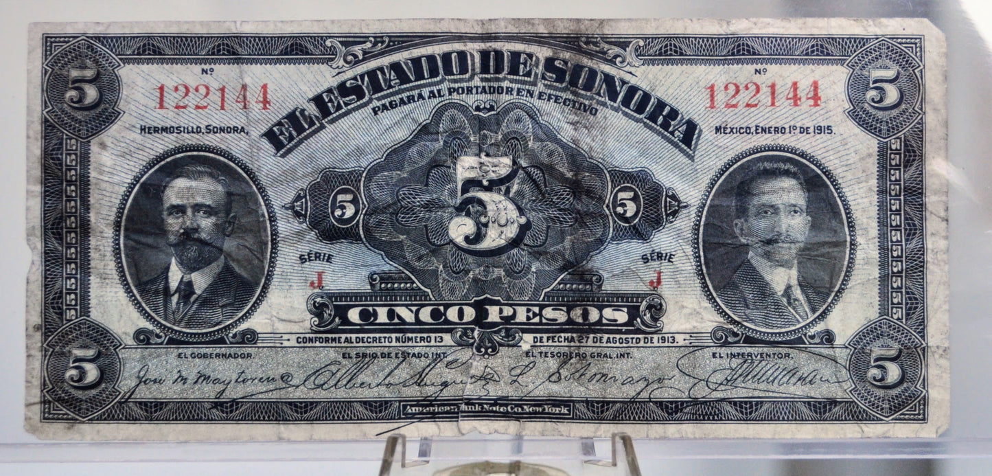 1915 Mexican Revolution 5 Pesos Sonora Note - El Estado de Sonora - Decree No. 13 - 1915 Mexico Hermosillo Five Peso Banknote - P#S1072