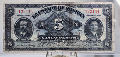 1915 Mexican Revolution 5 Pesos Sonora Note - El Estado de Sonora - Decree No. 13 - 1915 Mexico Hermosillo Five Peso Banknote - P#S1072