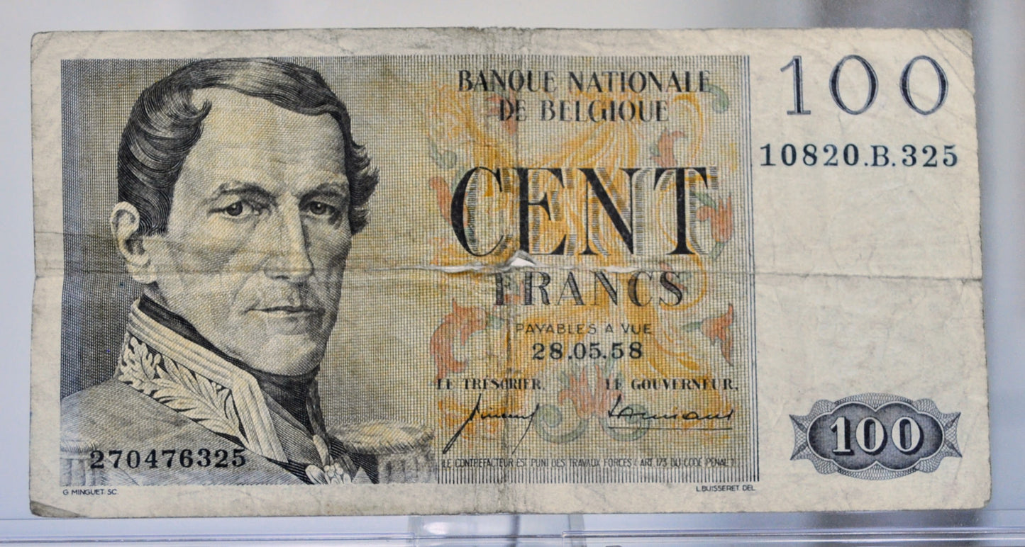 1958 National Bank of Belgium 100 Francs Note - Ansiaux-Vincent Signed - 1958 Banque Nationale de Belgique One Hundred Francs Note - P#129c