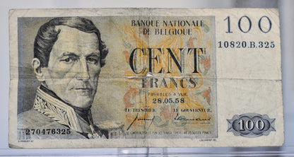 1958 National Bank of Belgium 100 Francs Note - Ansiaux-Vincent Signed - 1958 Banque Nationale de Belgique One Hundred Francs Note - P#129c