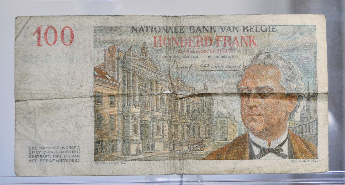 1958 National Bank of Belgium 100 Francs Note - Ansiaux-Vincent Signed - 1958 Banque Nationale de Belgique One Hundred Francs Note - P#129c