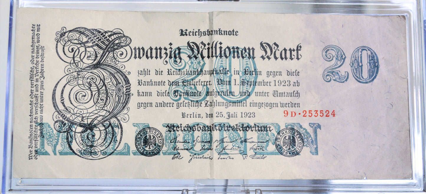 1923 Germany 20 Million Mark Banknote - Reichsbanknote - German Inflation - 7-Digit Serial - 1923 German Twenty Million Mark Note - P#97a