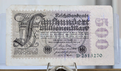 1923 Germany 500 Millionen Mark Banknote - Reichsbanknote - Thistle Leaves Watermark - 1923 Five Hundred Million Mark German Note - P#110a