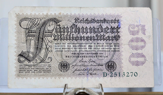 1923 Germany 500 Millionen Mark Banknote - Reichsbanknote - Thistle Leaves Watermark - 1923 Five Hundred Million Mark German Note - P#110a